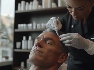 Ein Mann sitzt mit geschlossenen Augen, während eine medizinische Fachkraft mit Handschuhen eine Injektion in seine Kopfhaut setzt.