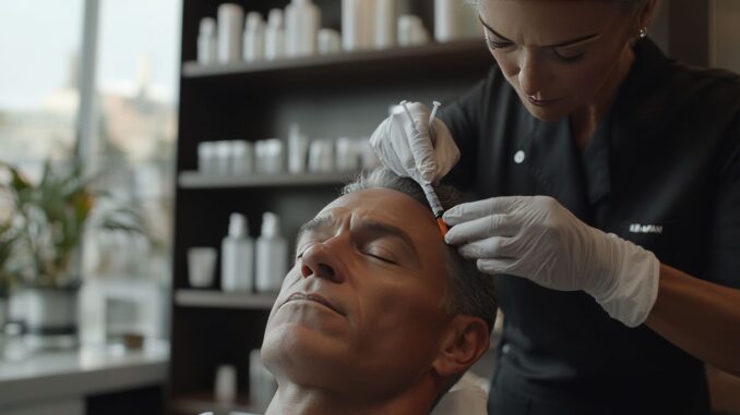 Ein Mann sitzt mit geschlossenen Augen, während eine medizinische Fachkraft mit Handschuhen eine Injektion in seine Kopfhaut setzt.