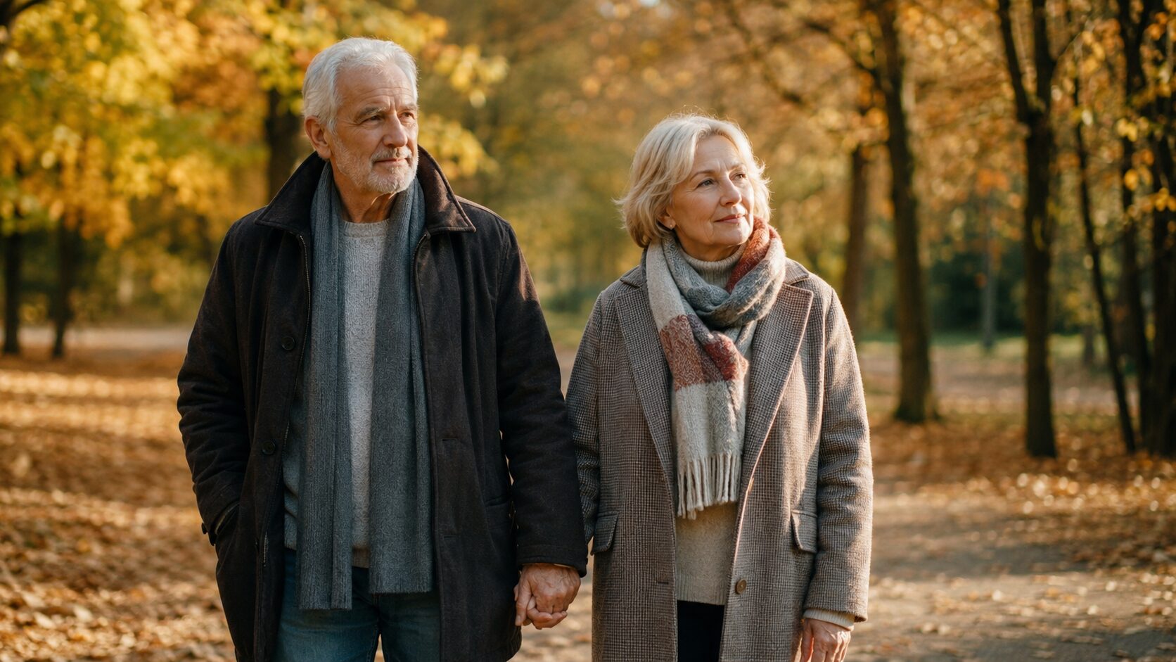 Älteres Paar Hand in Hand im Park als Sinnbild für Partnerschaft und Nähe trotz Parkinson