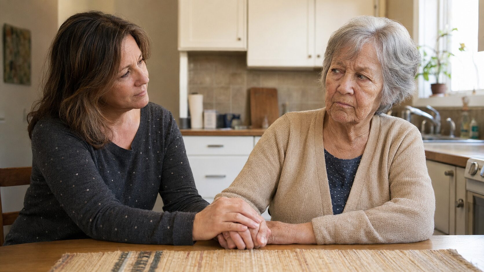 Tochter hält geduldig die Hand ihrer älteren Mutter im Umgang mit Gehässigkeit im Alter