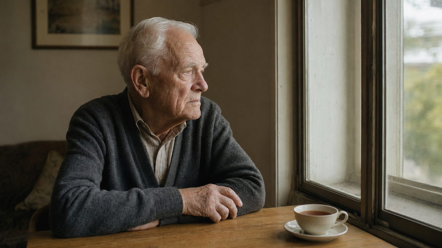 Einsamer älterer Mann am Fenster als Sinnbild für Verbitterung und Einsamkeit im Alter